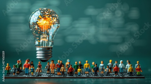 a group of miniature people gazing at an illuminated light bulb on a digital circuit pattern background. Symbolizes collective human ingenuity, teamwork, and the power of ideas.