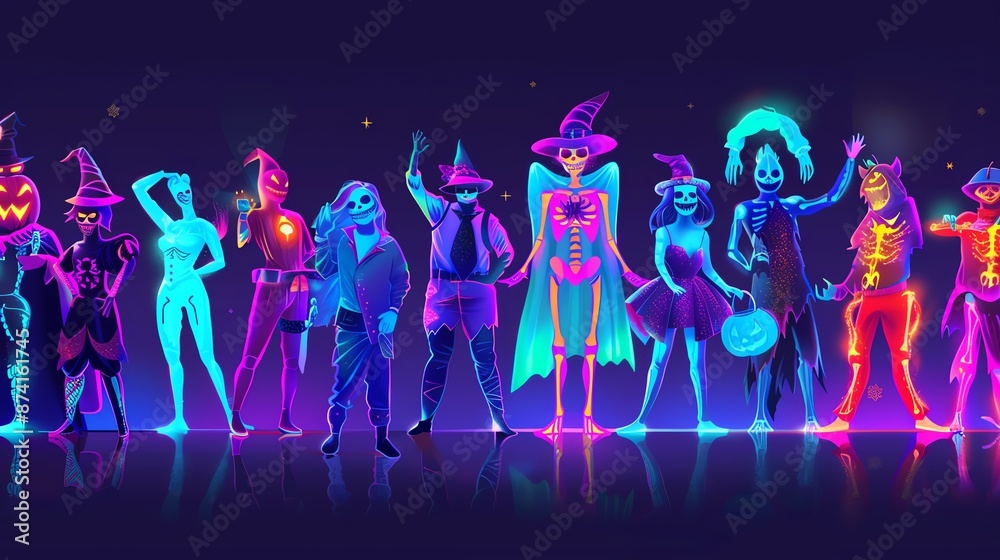Neon glowing Halloween party with diverse costumed characters.