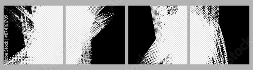 Vector illustration. Brush stroke, halftone dots texture, paint splash abstract black banner set. Design for event invitation, cover, photo overlay, web banner. Paint smear on transparent background