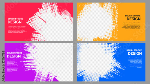 Vector illustration. Abstract color horizontal frame set. Ink brush strokes design for web template, social media, cover overlay, website banner. Paint splatter and halftone dots texture background
