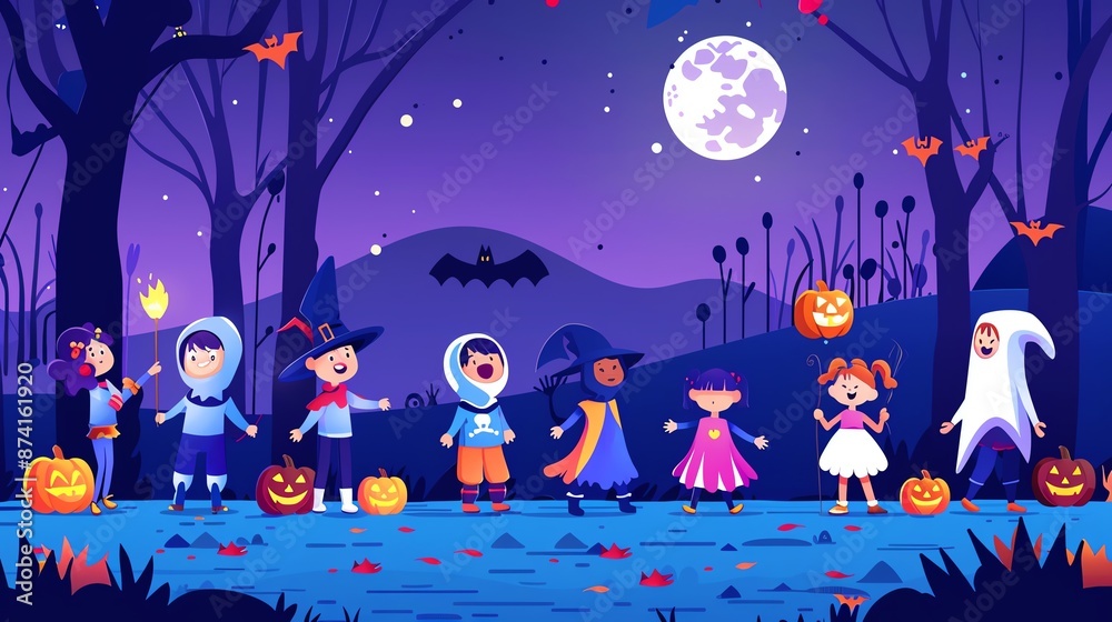Naklejka premium Cute kids in Halloween costumes trick or treating in a spooky forest.