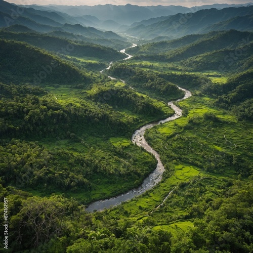 A breathtaking view of a verdant valley from a high vantage point, with lush vegetation and meandering streams.

 photo