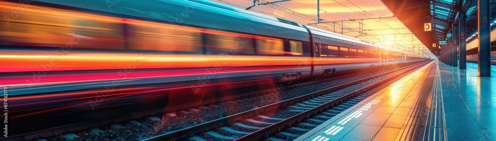 Naklejka premium A high-speed train captured in motion at a modern railway station during sunset, showcasing vibrant colors and dynamic movement.