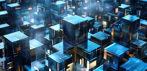 Illustration of a city seen above which is composed of black blocks with golden yellow light