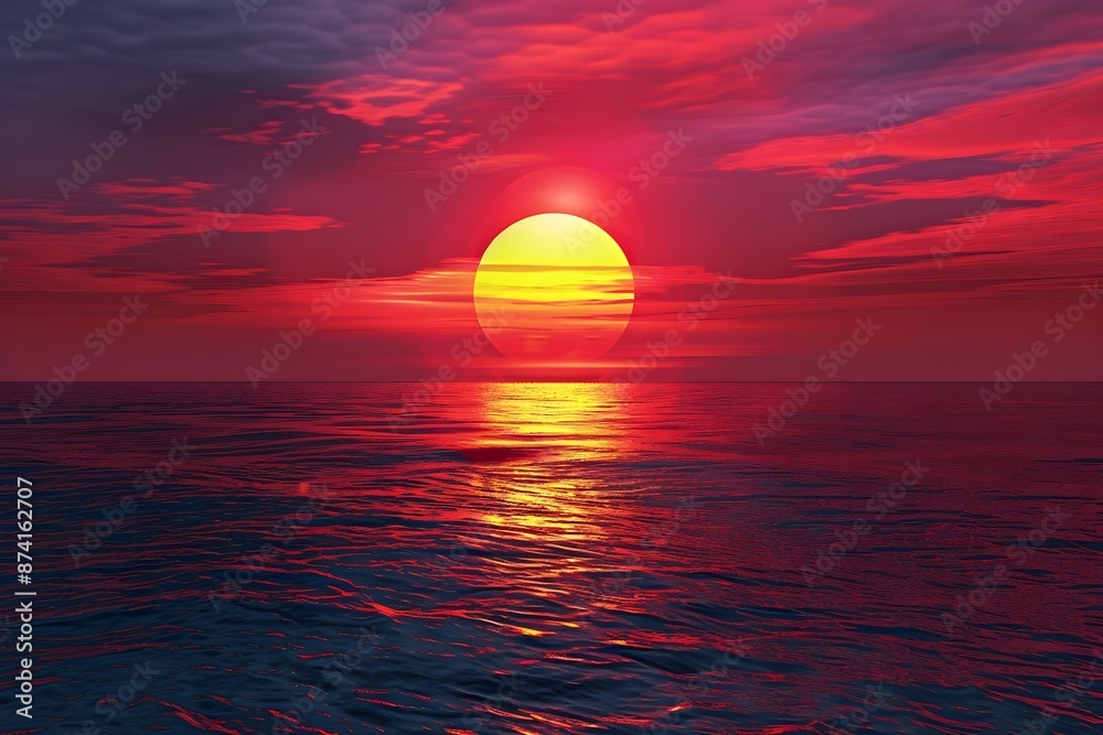 Large red sun setting over the horizon in the sea