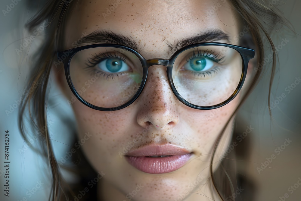Close-Up Portrait of a Woman with Freckles and Glasses Close-Up Portrait of a Woman with Freckles and Glasses