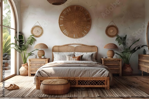 Cozy Bohemian Bedroom with Natural Rattan Furniture and Earthy Decor