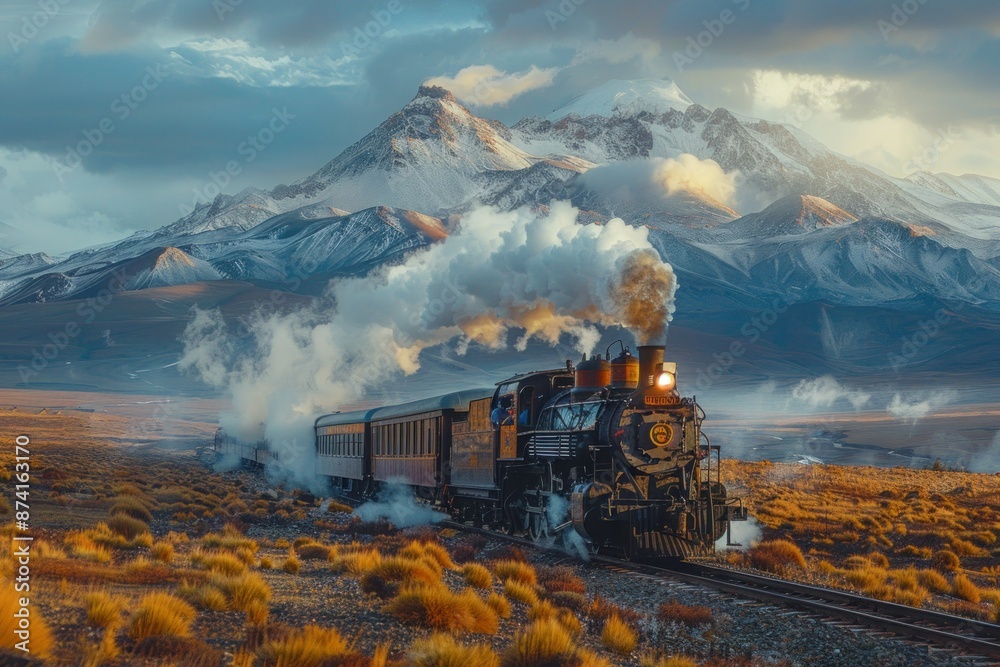 Fototapeta premium Steam Locomotive: A Symbol of Power and Progress Across Vast Landscapes