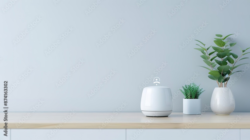 Minimalist home decor with a white humidifier, plant, and vase on a wooden table against a light blue wall. Minimalist home decor with a white humidifier, plant, and vase on a wooden table against a light blue wall.
