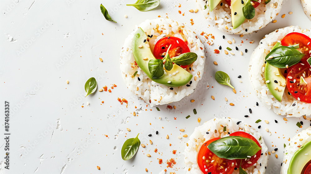 rice cakes topped with mashed avocado, cherry tomatoes, and a sprinkle of sesame seeds, arranged neatly on a clean, white surface rice cakes topped with mashed avocado, cherry tomatoes, and a sprinkle of sesame seeds, arranged neatly on a clean, white surface