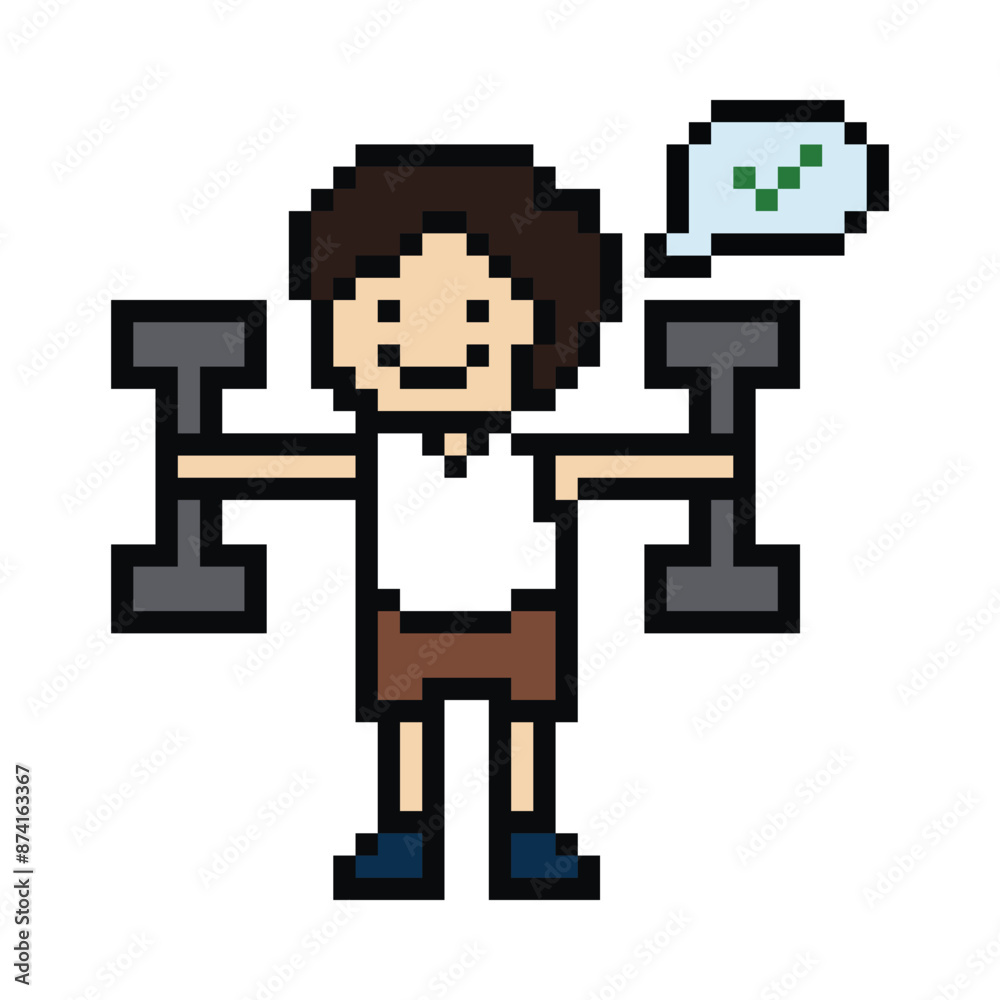 Obraz premium Cute pixel cartoon 8bit character man weight training with dumbbell lifestyle lifting gym decoration life style 8 bit male boy weight fitness isolated PNG vector.