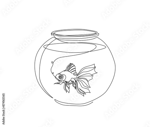 Continuous one line drawing of goldfish in the fishtank. Fish in single line vector illustration. Editable stroke.