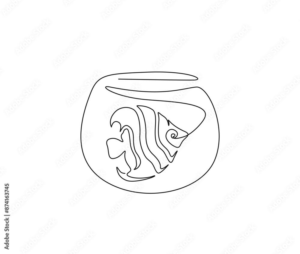 Continuous one line drawing of marine ray-finned fish in the fishtank. Fish in fishtank outline vector illustration. Editable stroke. Continuous one line drawing of marine ray-finned fish in the fishtank. Fish in fishtank outline vector illustration. Editable stroke.