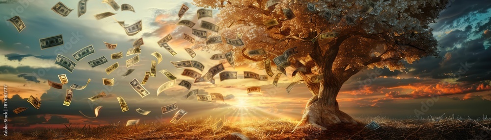 Money tree with banknote leaves in the glow of a golden sunset, capturing themes of wealth and twilight abundance