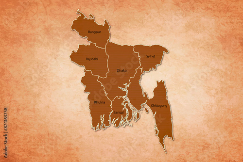 Bangladesh Map. Bangladesh Map with federal states in A vintage Color Texture Background