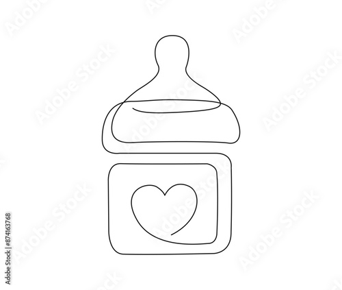 Continuous one line drawing of baby feeding bottle. Baby drink bottle with love outline vector illustration. Editable stroke.