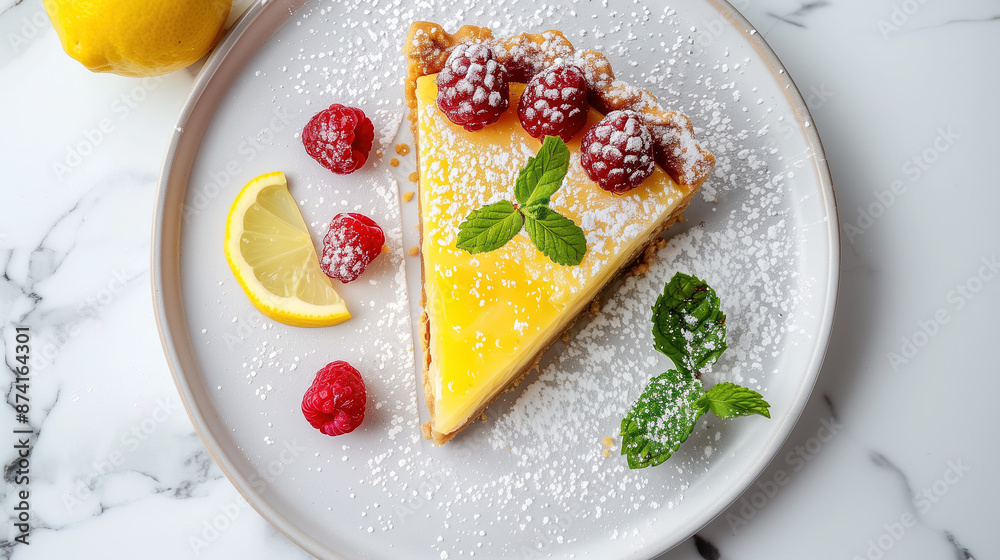 a delicate dessert plate, featuring a slice of lemon tart garnished with fresh raspberries, mint leaves, and a dusting of powdered sugar, set against a marble background a delicate dessert plate, featuring a slice of lemon tart garnished with fresh raspberries, mint leaves, and a dusting of powdered sugar, set against a marble background