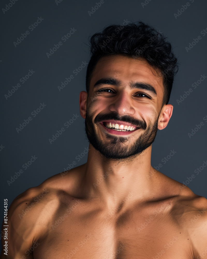 muscular male model with a dark beard smiling in studio portrait