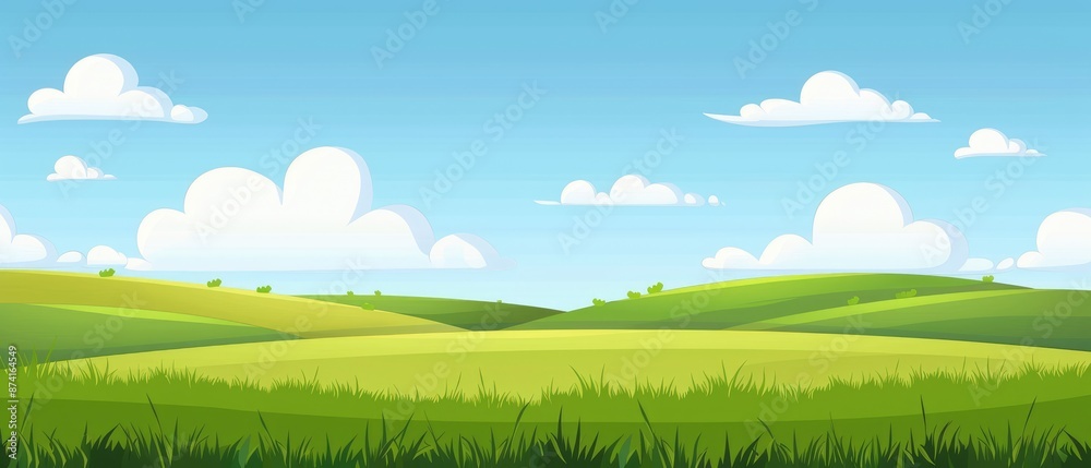 Summer field, hilly landscape, green grass, blue sky with clouds, mountainous terrain, flat style cartoon painting illustration Summer field, hilly landscape, green grass, blue sky with clouds, mountainous terrain, flat style cartoon painting illustration