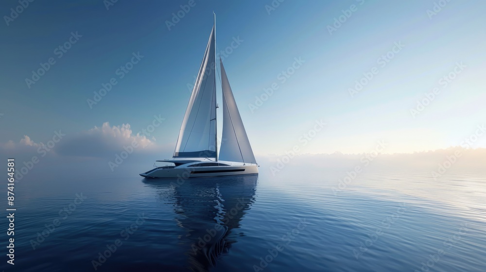 Fototapeta premium A sleek yacht sailing on a calm, blue sea.