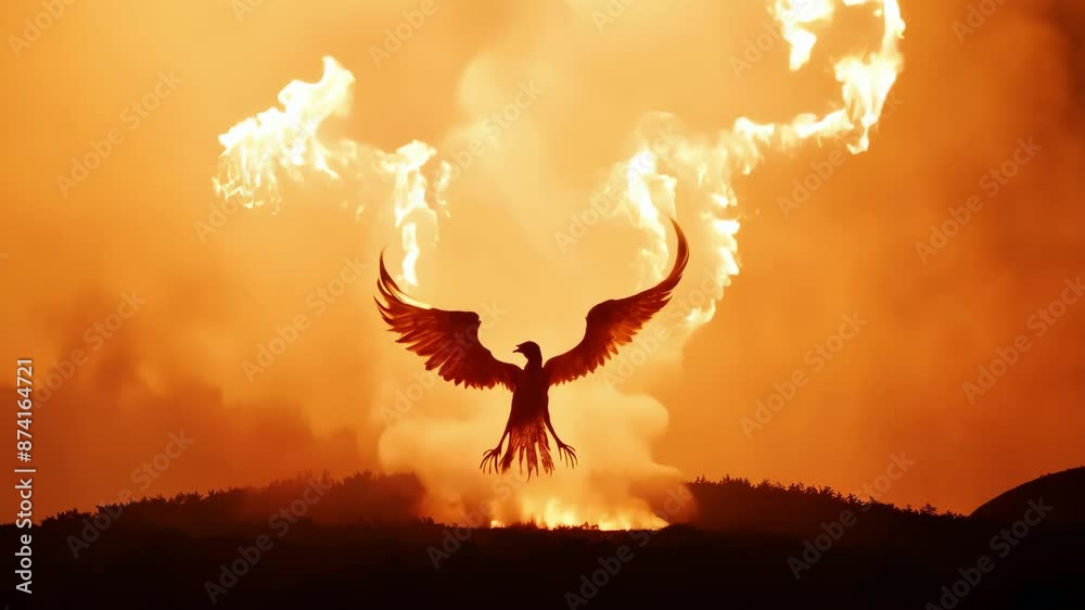 Phoenix bird rising from the fire in spectacular rebirth, mythical 4k animation, flames burning