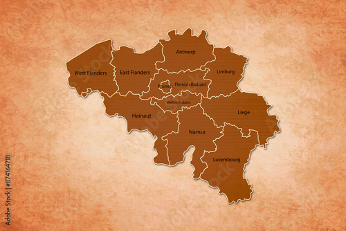 Belgium Map. Belgium Map with federal states in A vintage Color Texture Background