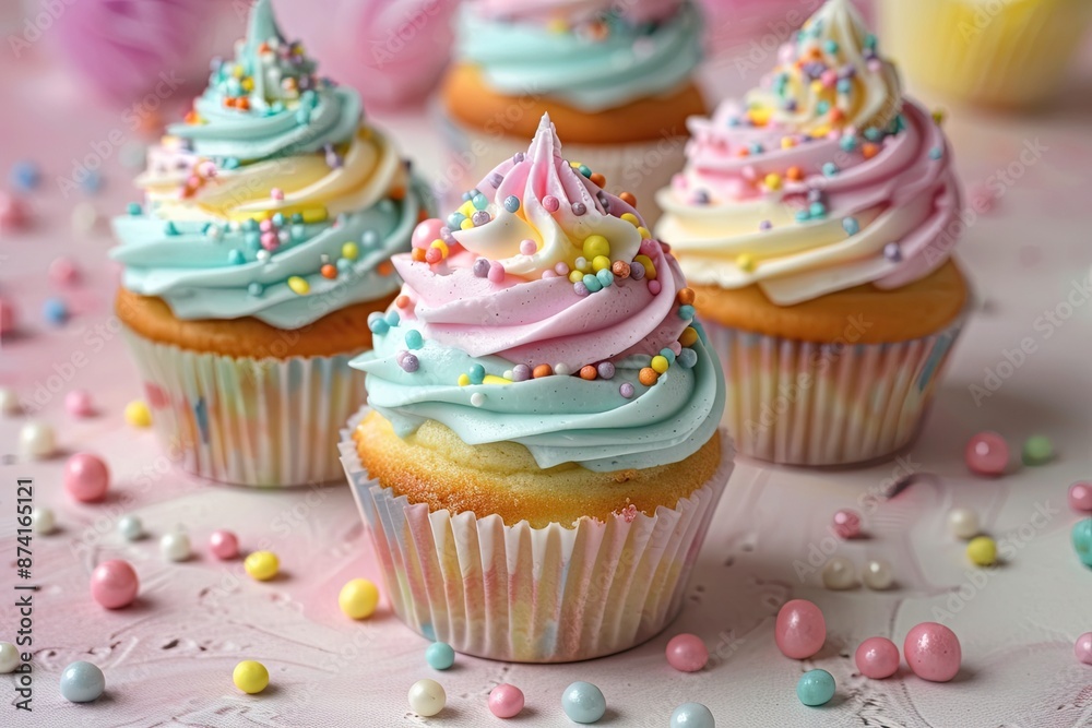 Pastel-colored cupcakes with swirled frosting and sprinkles on a light pink background Pastel-colored cupcakes with swirled frosting and sprinkles on a light pink background