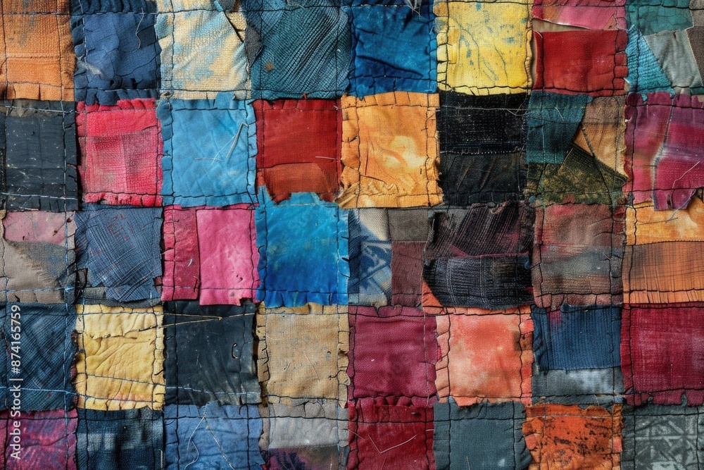 A vibrant and textured patchwork quilt pattern, ideal for decorative purposes or as a design element A vibrant and textured patchwork quilt pattern, ideal for decorative purposes or as a design element
