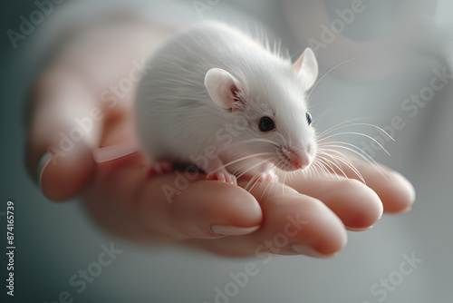 Cute white mouse held gently in a human hand. © MOHDAMIRUL