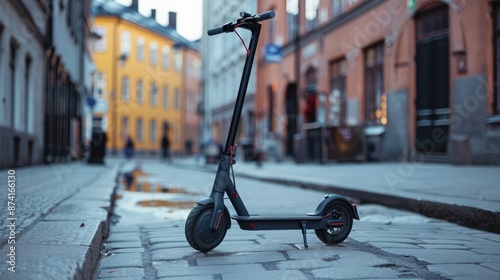 An electric scooter parked in a city center