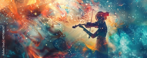 A woman is playing a violin in a colorful, swirling background. Free copy space for text.