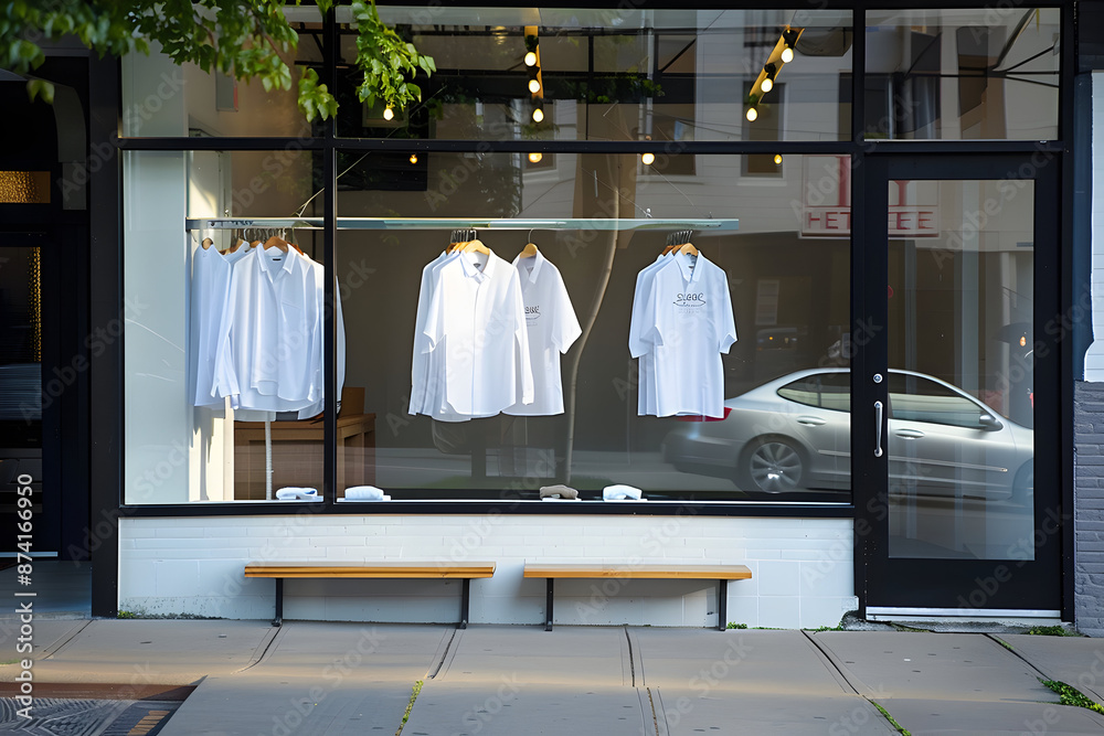 A modern storefront display at a clothing store featuring white shirts and a minimalist design