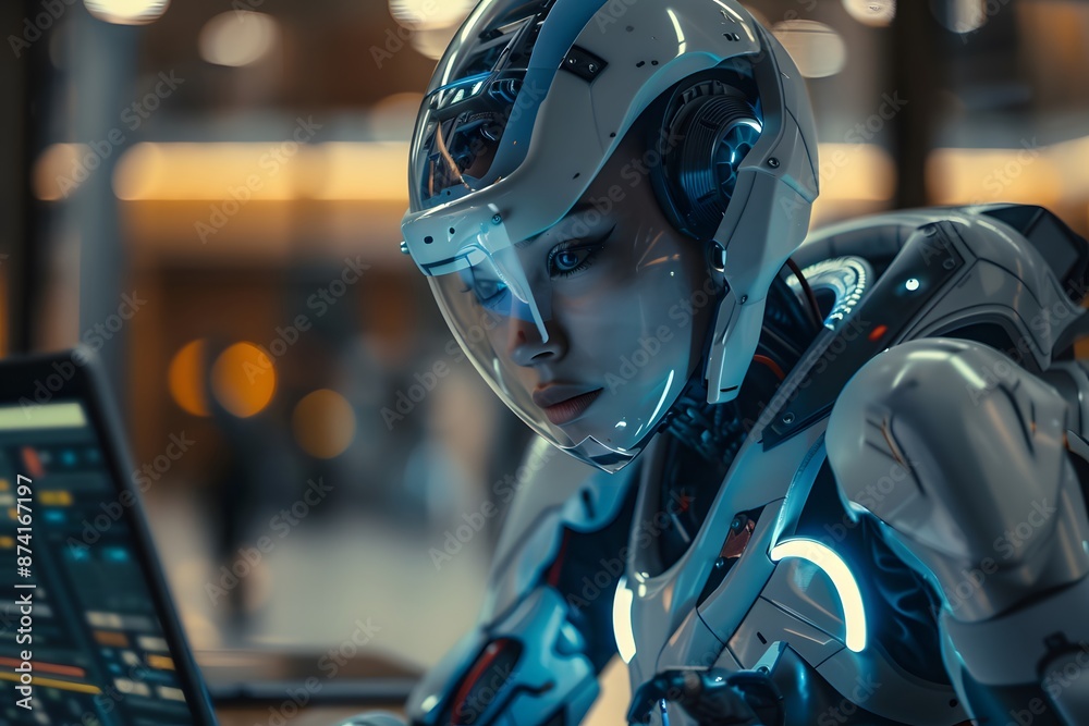 Fototapeta premium A robot sitting in front of a laptop computer