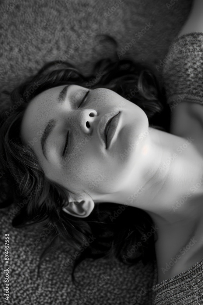 A woman lying down, eyes closed, likely relaxing or sleeping A woman lying down, eyes closed, likely relaxing or sleeping