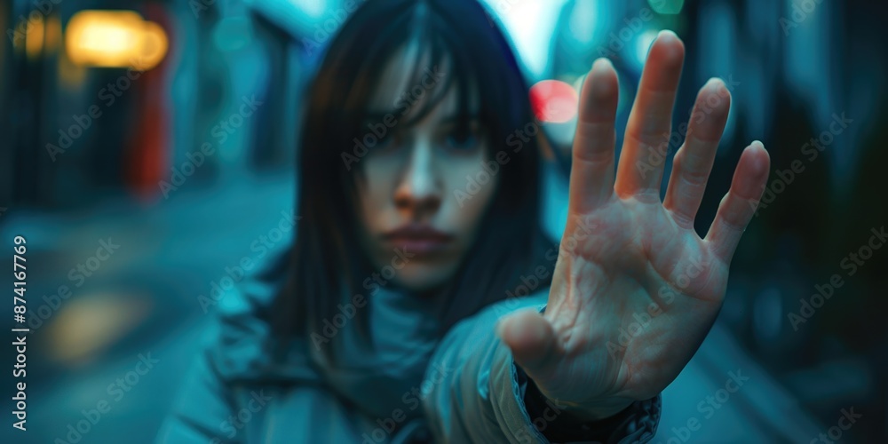 Fototapeta premium A woman holds her hands up in the air, possibly in prayer or in celebration