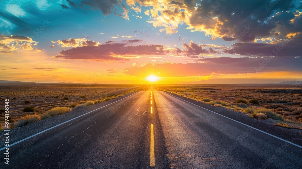Naklejka premium An empty highway stretching into the horizon at sunset.