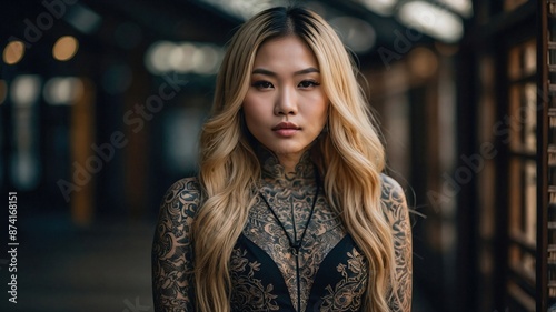 Asian Young Woman with Blonde Hair and Body Tattoos, Bokeh Background