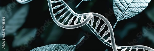 Illustration of a white DNA cell surrounded by green leaves on a black background