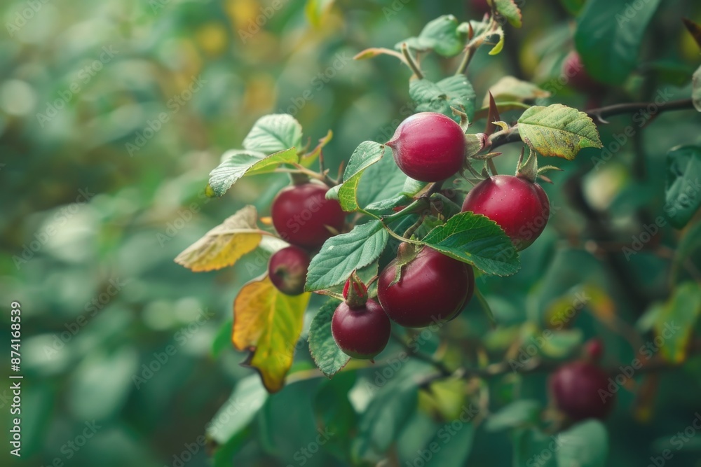 A close-up shot of a bunch of fruit hanging from a tree branch A close-up shot of a bunch of fruit hanging from a tree branch