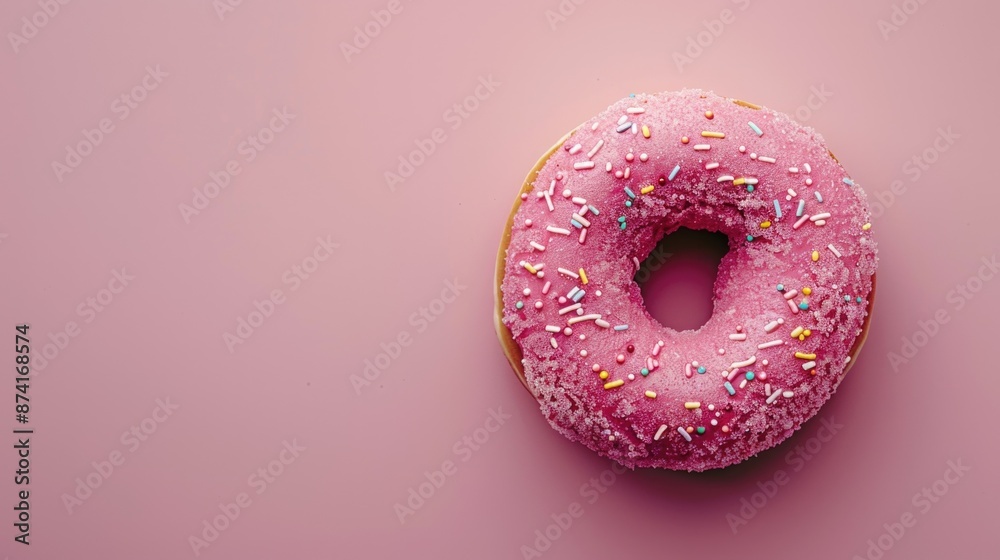 A tasty treat featuring a pink donut with colorful sprinkles on a matching pink surface, perfect for promoting sweet deals or adding a pop of color to your marketing materials