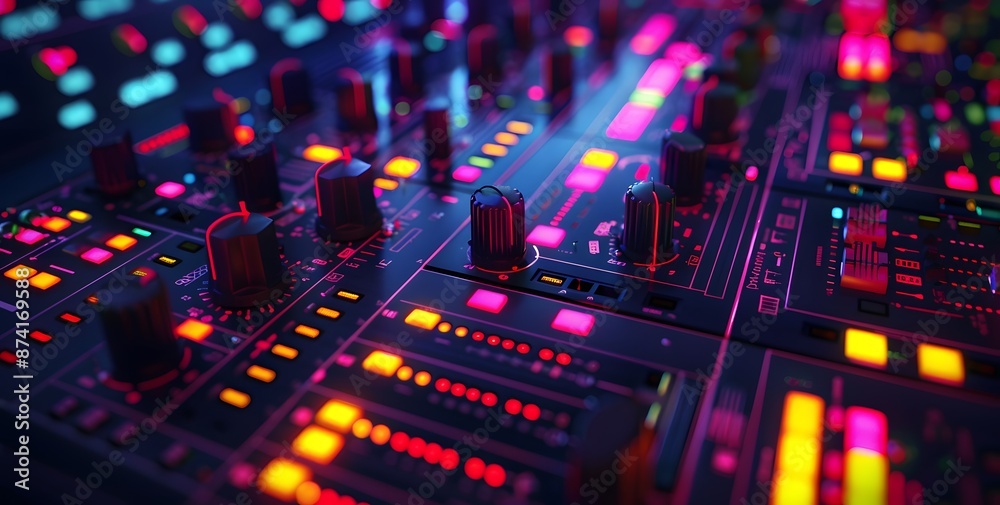 Close up of a recording studio console with a mixing board and speakers, night light effects Close up of a recording studio console with a mixing board and speakers, night light effects
