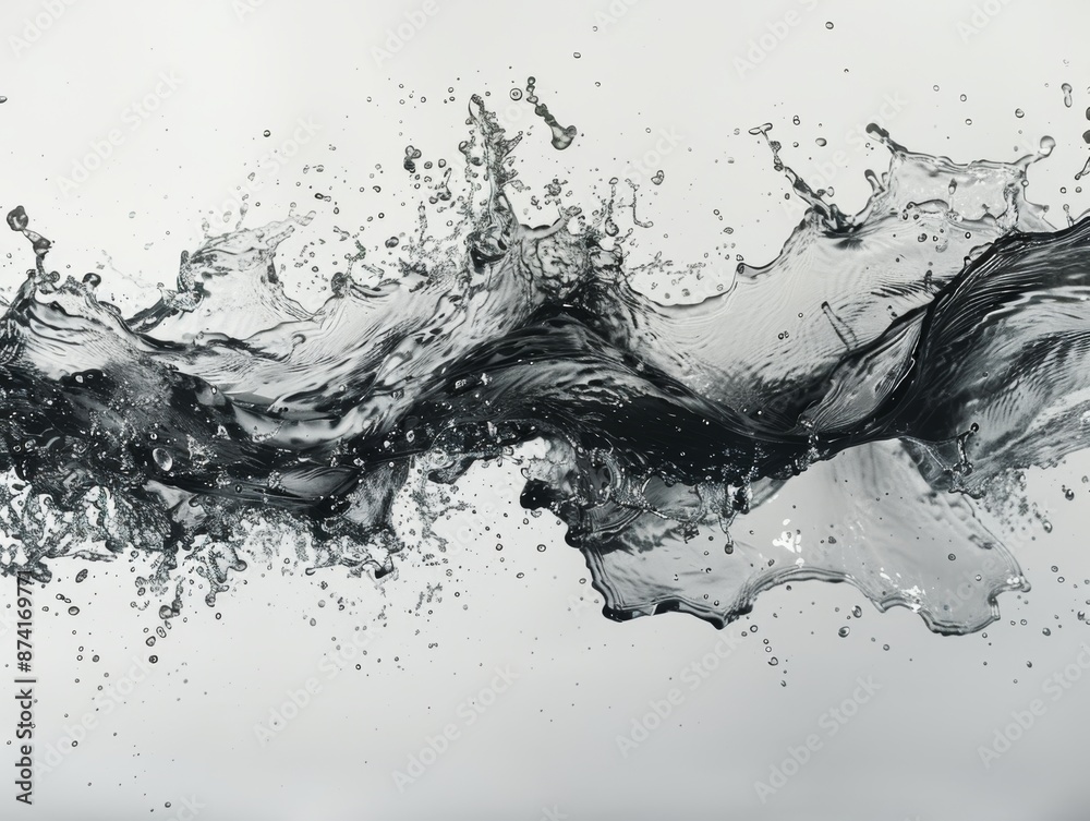 Abstract black and white water splash on white background. Photographic art. Dynamic liquid movement. Abstract black and white water splash on white background. Photographic art. Dynamic liquid movement.