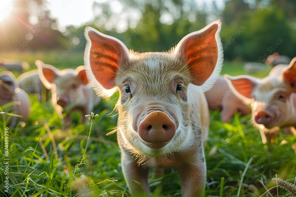 Fototapeta premium Adorable Piglets Enjoying a Sunny Day in the Meadow