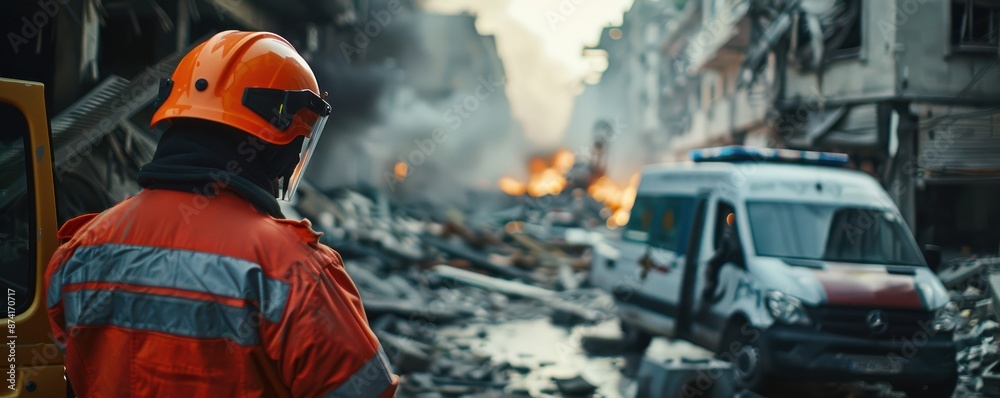 A man in a fireman's uniform is standing in a rubble area. Free copy space for text. A man in a fireman's uniform is standing in a rubble area. Free copy space for text.