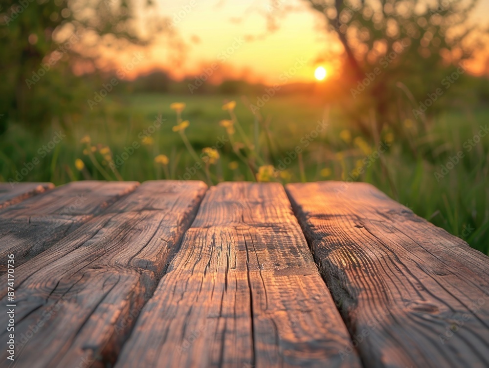 A wooden table set against a stunning sunset backdrop A wooden table set against a stunning sunset backdrop
