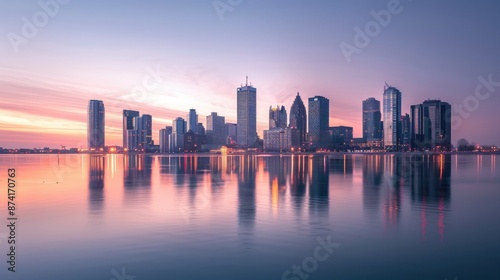A beautiful riverside cityscape at sunrise, with modern buildings and boats along the water.