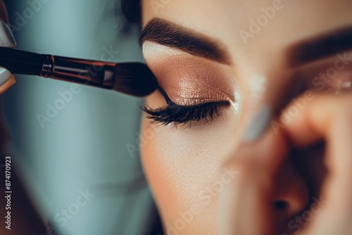 A makeup artist applying makeup on a pretty female model. photo