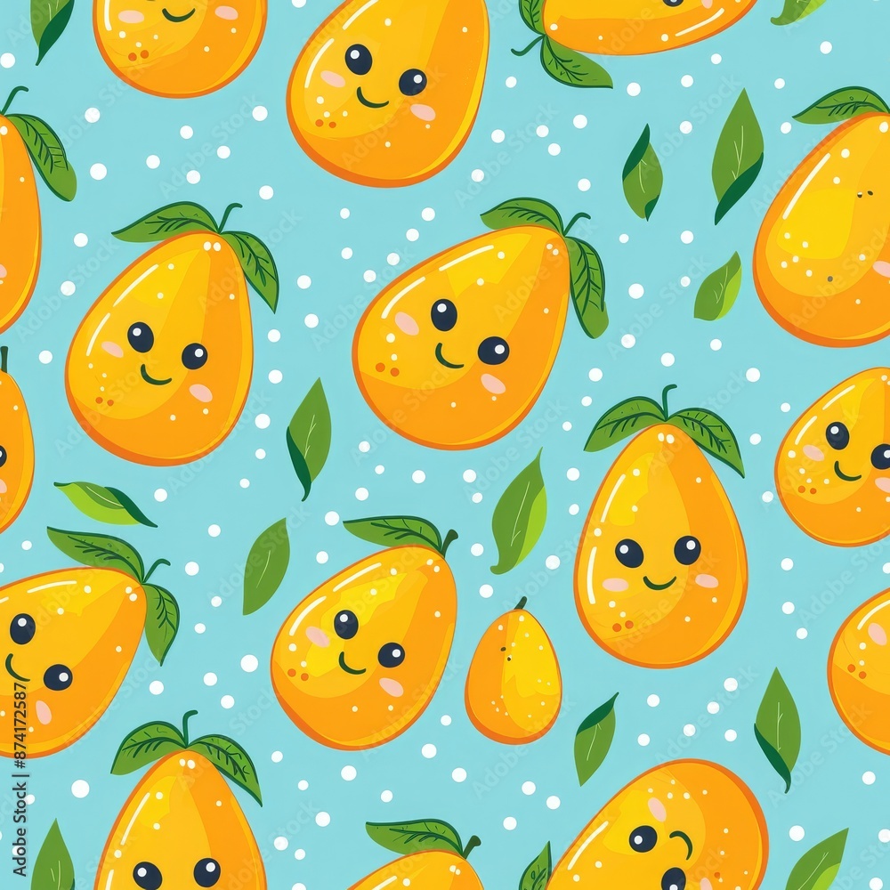 mangoes on beautiful refreshing background, kawaii style, high details, seamless pattern mangoes on beautiful refreshing background, kawaii style, high details, seamless pattern
