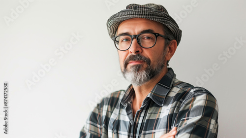 Portrait of a middle-aged man with a beard and glasses wearing a checkered shirt and cap 