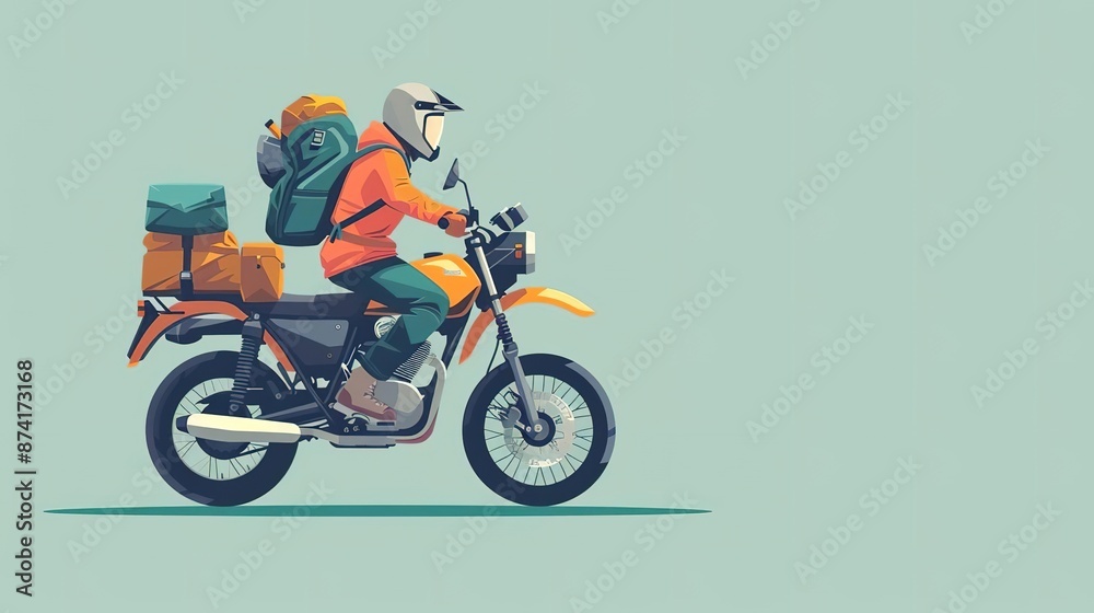 Adventure motorcyclist with luggage riding on a dirt bike. Adventure motorcyclist with luggage riding on a dirt bike.